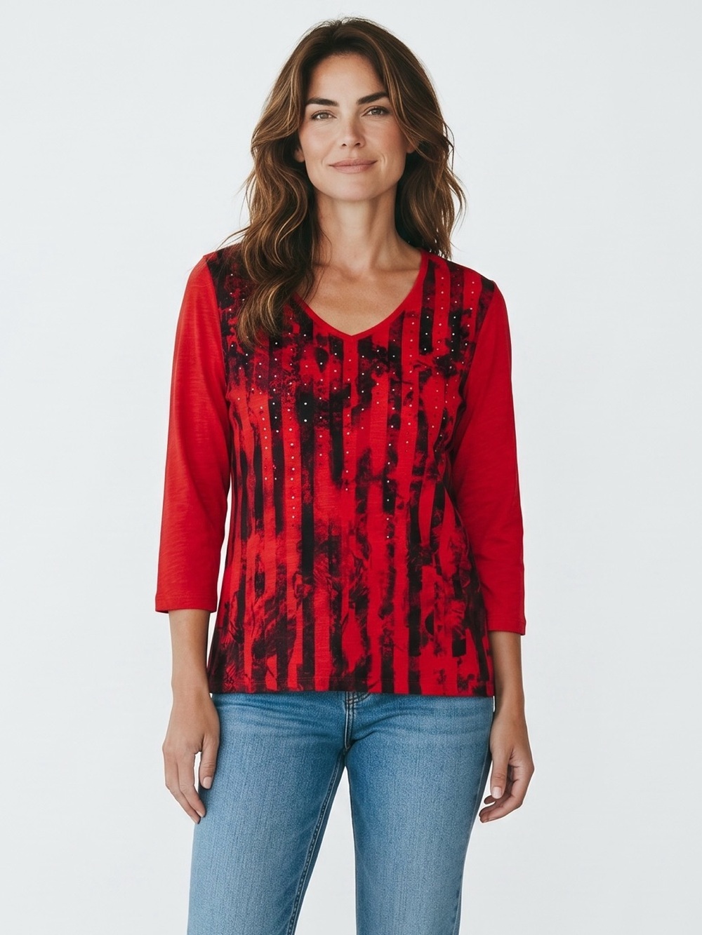 Chico's Zenergy Red V-Neck 3/4 Sleeve Cotton Top With Stud Accents Size 2 US L